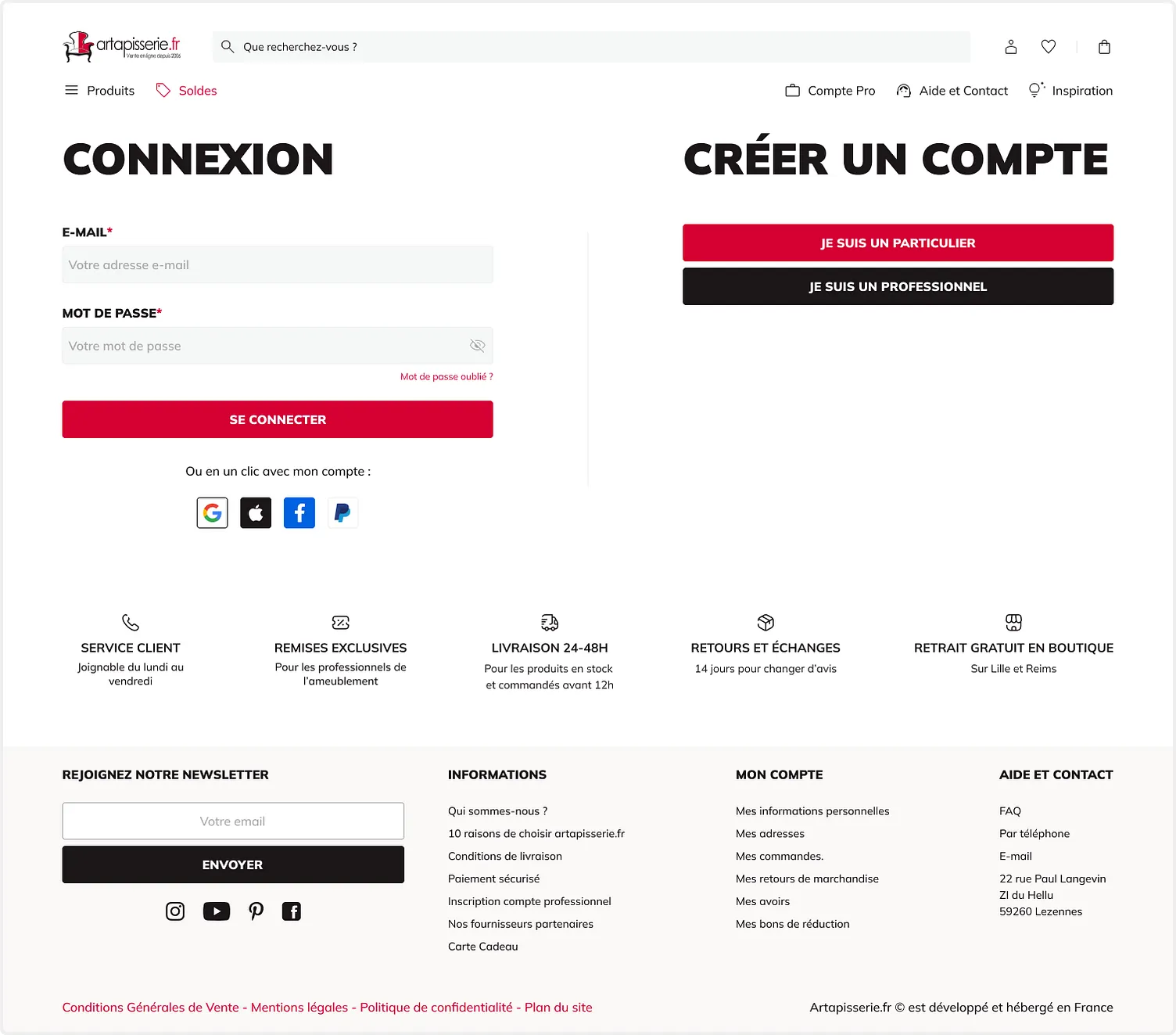 Artapisserie.fr — Page connexion et création de compte